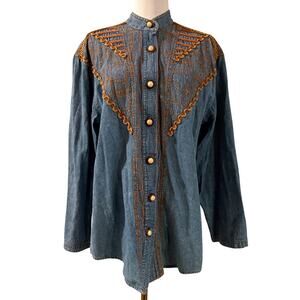 Vintage Marsha Sport Denim Western Shirt Women Embroidered Pearl Button XL